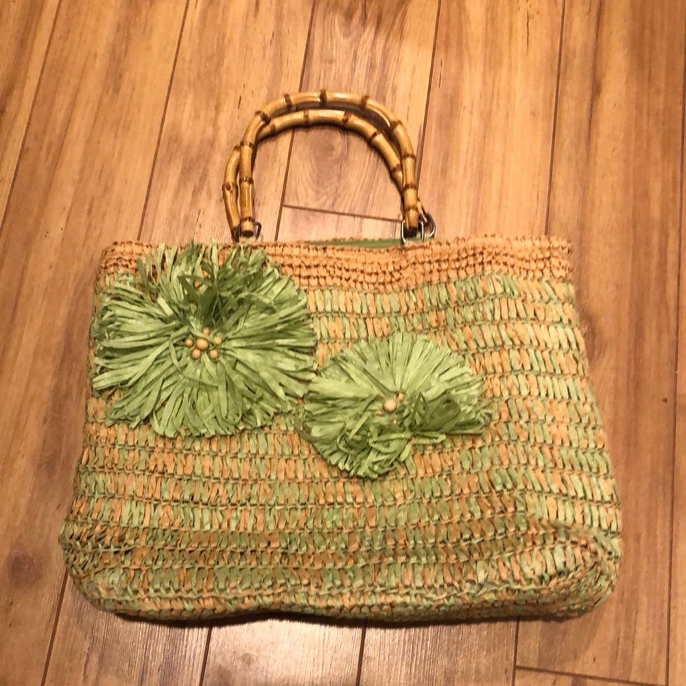 Red Fish Designs Vintage Basket Tiki Bag with Flowers and Bamboo Handles